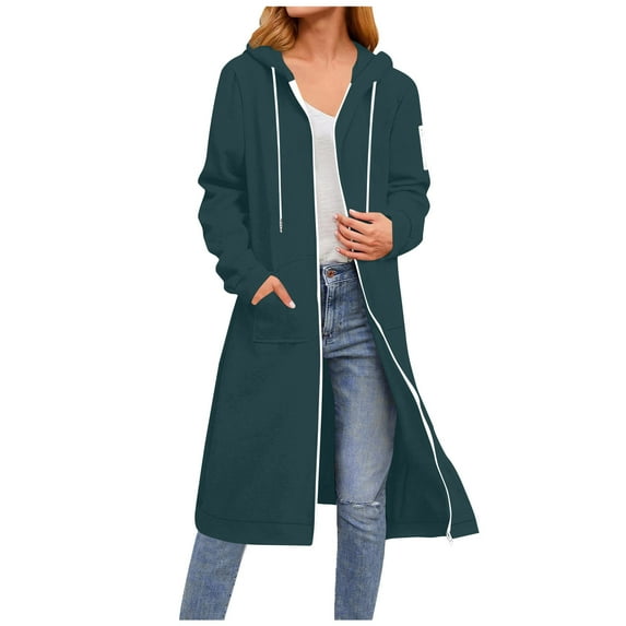 Atogsazn Womens Fleece Zip Up Long Hoodies Casual Long Sleeve Jacket Hooded Outerwear Fall Clothing with Pocket 01-Navy XL Fashion