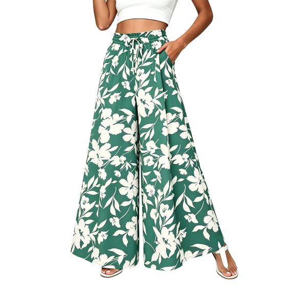 Atogsazn Womens Floral Print Palazzo Pants Casual Flowy Dressy Pants Summer Loose Fit Trouser Skirt Green M Fashion