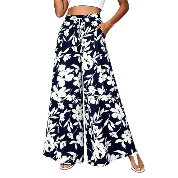 Atogsazn Womens Floral Print Palazzo Pants Casual Flowy Dressy Pants Summer Loose Fit Trouser Skirt Navy XXL Fashion