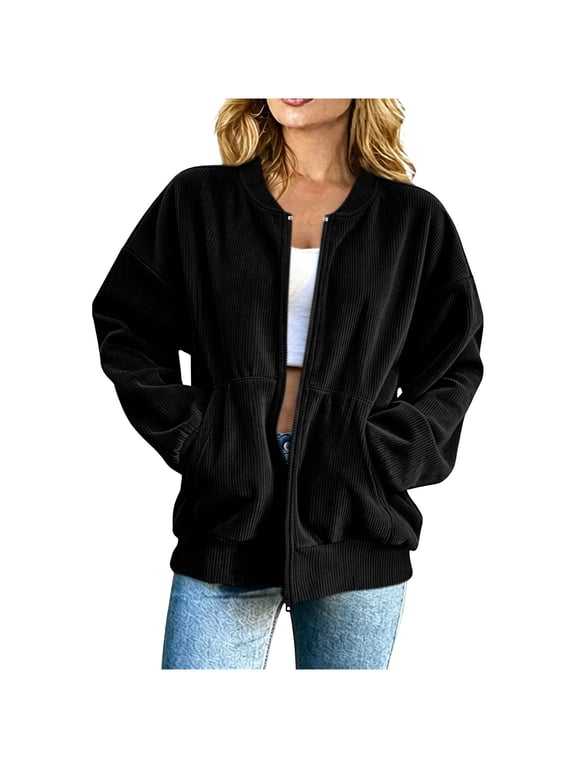 Womens Full Zip Oversized Sweatshirt Casual Crew Neck Long Sleeve Jacket Fall Coat & Tops Outerwear Black S Fashion