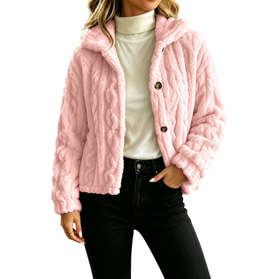 Atogsazn Womens Fuzzy Button Jacket Sherpa Fleece Long Sleeve Cropped Coat Thick Winter Warm Tops Outerwear Pink M Fashion