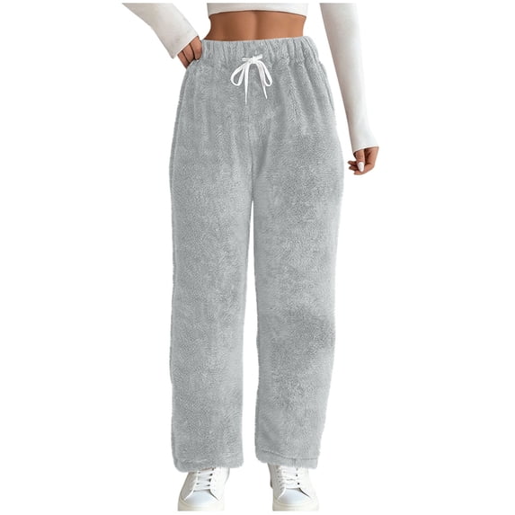 Atogsazn Womens Fuzzy Pants Casual Fleece Elastic Waist Pant Winter Warm Trouser with Drawstring Clothing 04-Gray M Fashion