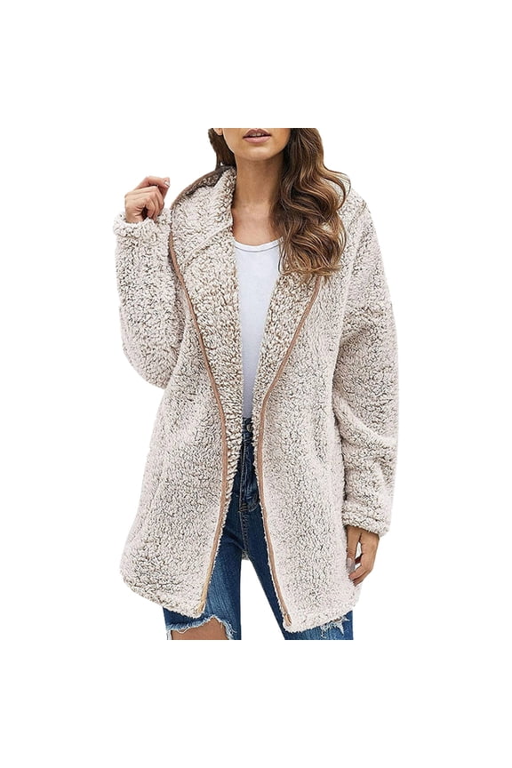 Womens Fuzzy Zip Up Hoodie Casual Fleece Sherpa Long Sleeve Jacket Thick Warm Winter Coat Tops Outerwear Beige L Fashion