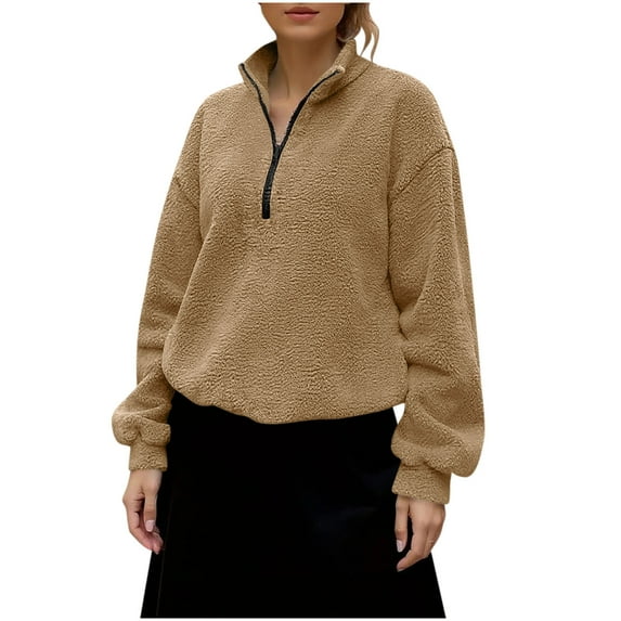 Atogsazn Womens Half Zip Sherpa Sweatshirt Casual Oversized Fleece Pullover Blouse Soft Winter Warm Tops Outerwear Khaki M Fashion