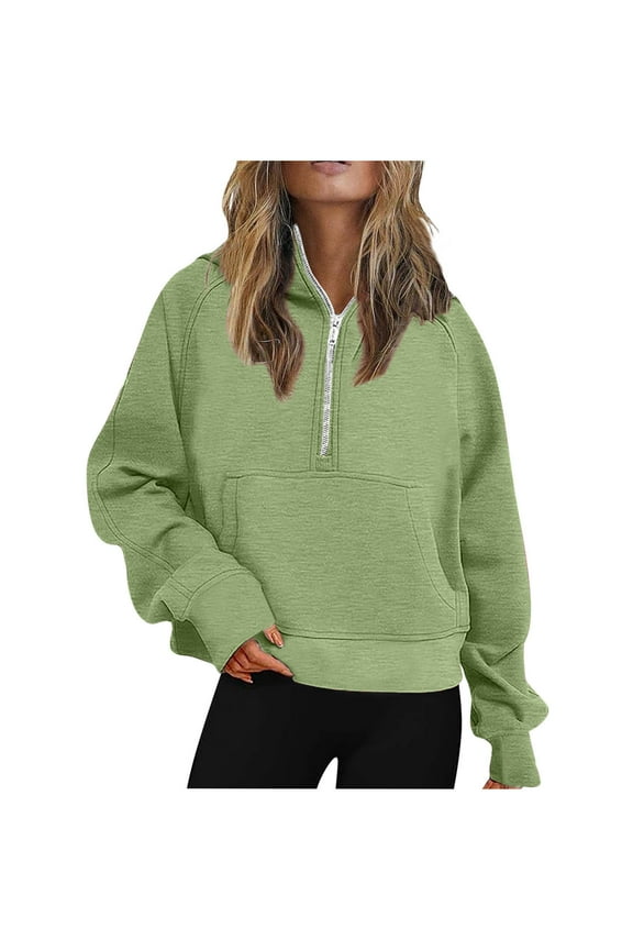 Womens Half Zip Sweatshirt Long Sleeve Cropped Pullover Tops Quarter Zip Up Hoodies with Pocket Army Green M