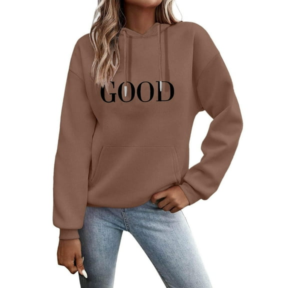 Atogsazn Womens Hoodies Casual Long Sleeve Letter Printed Hooded Sweatshirt Fall Loose Pullover Tops Clothing Coffee S Fashion