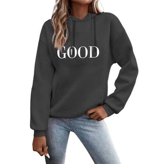 Atogsazn Womens Hoodies Casual Long Sleeve Letter Printed Hooded Sweatshirt Fall Loose Pullover Tops Clothing Dark Gray XL Fashion