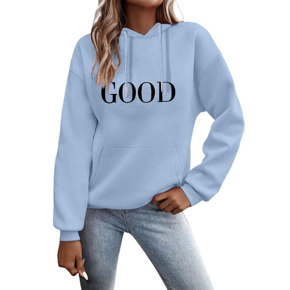 Atogsazn Womens Hoodies Casual Long Sleeve Letter Printed Hooded Sweatshirt Fall Loose Pullover Tops Clothing Light Blue XXXXXL Fashion