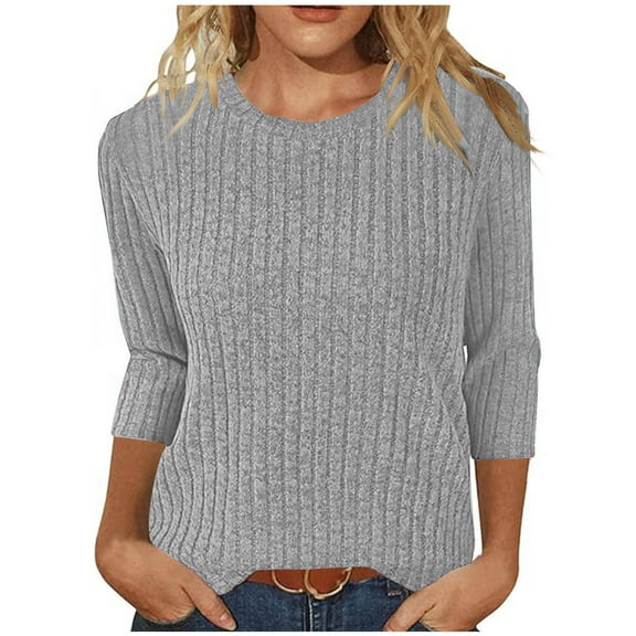 Atogsazn Womens Knitted 3/4 Sleeve Sweater Casual Crew Neck Pullover Sweatshirt Pullover Loose Fit Blouse Tops Gray S Fashion