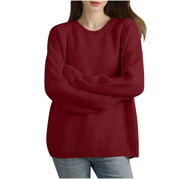Atogsazn Womens Knitted Sweater Casual Oversized Pullover Sweatshirt Crewneck Loose Fit Blouse Fall Winter Clothing Wine M Fashion