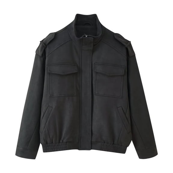 Atogsazn Womens Leather Jacket Casual Zip Up Long Sleeve Bomber Coat Loose Fit Tops Spring Fall Clothing with Pocket 03-Black S Fashion