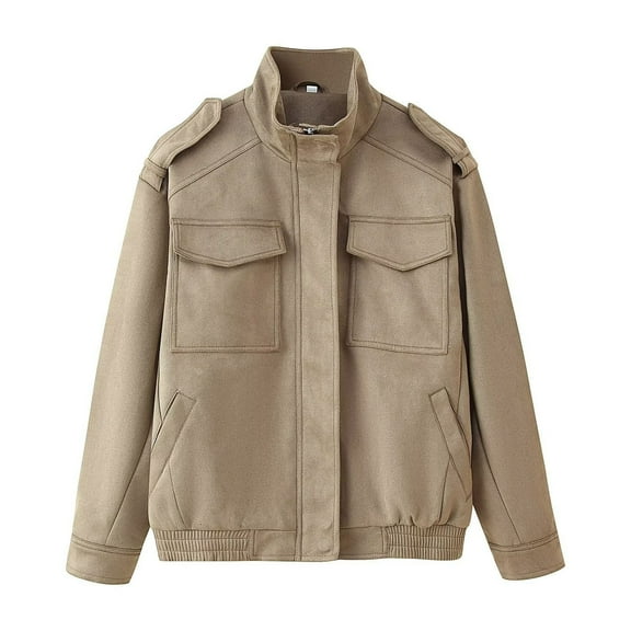 Atogsazn Womens Leather Jacket Casual Zip Up Long Sleeve Bomber Coat Loose Fit Tops Spring Fall Clothing with Pocket 03-Khaki S Fashion