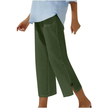 Atogsazn Womens Linen Capris Casual Elastica Waist Cropped Pants Solid Color Straight Leg Shorts Army Green L on Clearance