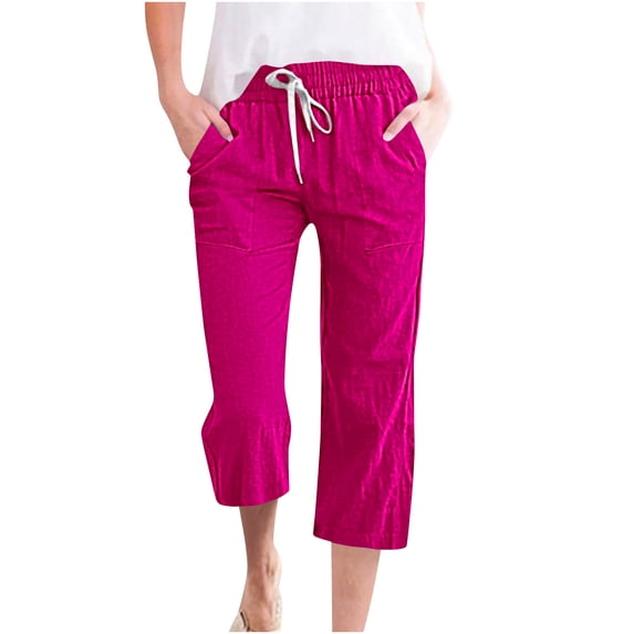 Atogsazn Womens Linen Capris Elastic Waist Drawstring Casual Capris Solid Color Cropped Pants Sweatpants with Pocket Hot Pink L on Clearance