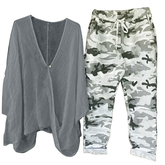 Atogsazn Womens Linen Cotton 2 Piece Outfits Summer Casual Print V-neck Long Sleeve Pullover Shirt Tops + Pants Lounge Set Gray XXXXL