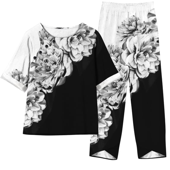 Atogsazn Womens Linen Cotton 2 Piece Outfits Summer Casual Vintage Floral Print Short Sleeve Tops Wide-Leg Pants Suit Sets Black L on Clearance