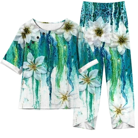 Atogsazn Womens Linen Cotton 2 Piece Outfits Summer Casual Vintage Floral Print Short Sleeve Tops Wide-Leg Pants Suit Sets Mint Green M on Clearance