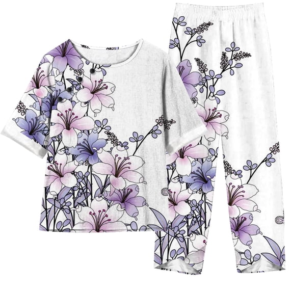 Atogsazn Womens Linen Cotton 2 Piece Outfits Summer Casual Vintage Floral Print Short Sleeve Tops Wide-Leg Pants Suit Sets Purple M on Clearance