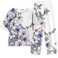 thumbnail image 1 of Atogsazn Womens Linen Cotton 2 Piece Outfits Summer Casual Vintage Floral Print Short Sleeve Tops Wide-Leg Pants Suit Sets Purple S on Clearance, 1 of 6