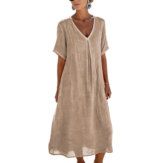 Atogsazn Womens Linen V Neck Midi Dress Casual Pleated Baggy Short Sleeve Dresses Lightweight Beach Boho Sundress Khaki XXL Fashion