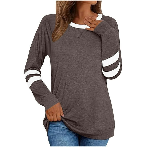 Atogsazn Womens Long Sleeve Shirts Color Block Casual Crewneck Tops Tshirt Basic Tee Fall Fashion Clothes Trendy Outfits 01-Coffee XXL