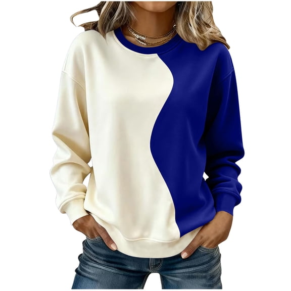 Atogsazn Womens Long Sleeve Sweatshirt Casual Colorblock Fleece Pullover Sweater Fall Winter Tops Blouse Clothing Blue L Fashion