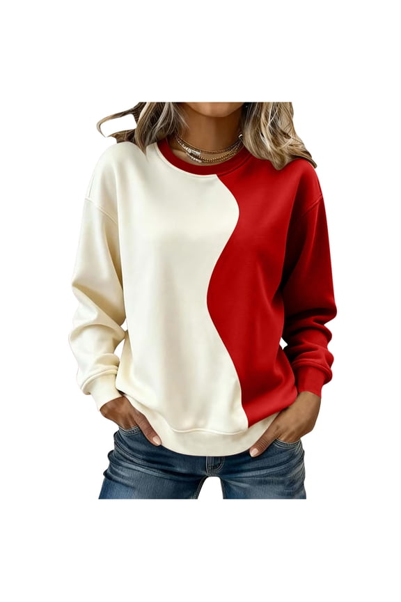 Womens Long Sleeve Sweatshirt Casual Colorblock Fleece Pullover Sweater Fall Winter Tops Blouse Clothing Red XXL Fashion