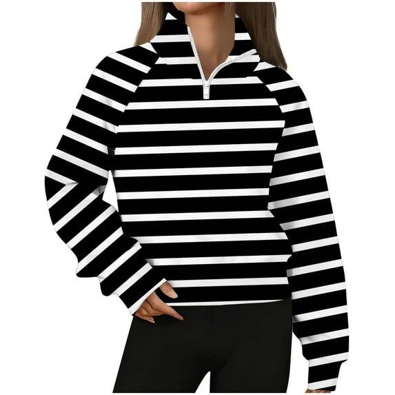 Atogsazn Womens Long Sleeve Sweatshirt Casual Striped Zip Up Pullover Sweatshirts Athletic Running Tops Outerwear Black M Fashion