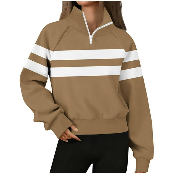 Atogsazn Womens Long Sleeve Sweatshirt Casual Striped Zip Up Pullover Sweatshirts Athletic Running Tops Outerwear Khaki S Fashion