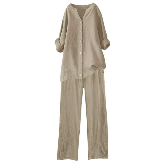Atogsazn Womens Loose Plus Size Summer Outfits Casual V Neck Long Sleeve Solid Color Shirt and Wide Leg Pants Set Khaki XL on Clearance