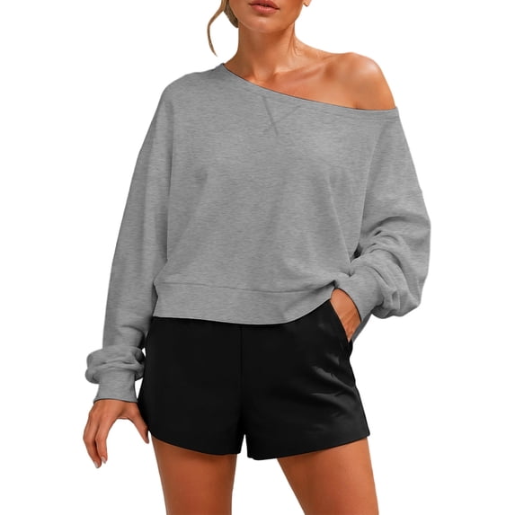 Atogsazn Womens Off Shoulder Cropped Sweatshirt Casual Drop Shoulder Long Sleeve Oversized Pullover Casual Tops Gray S Fashion