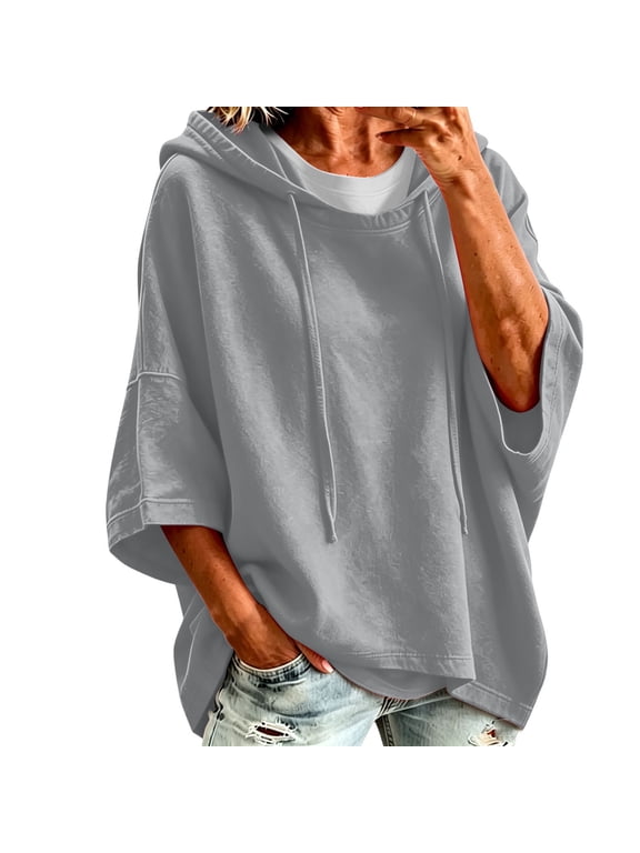 Womens Oversized Hooded Sweatshirt Casual 3/4 Batwing Sleeve Pullover Sweater Fall Winter Tops Gray S Fashion