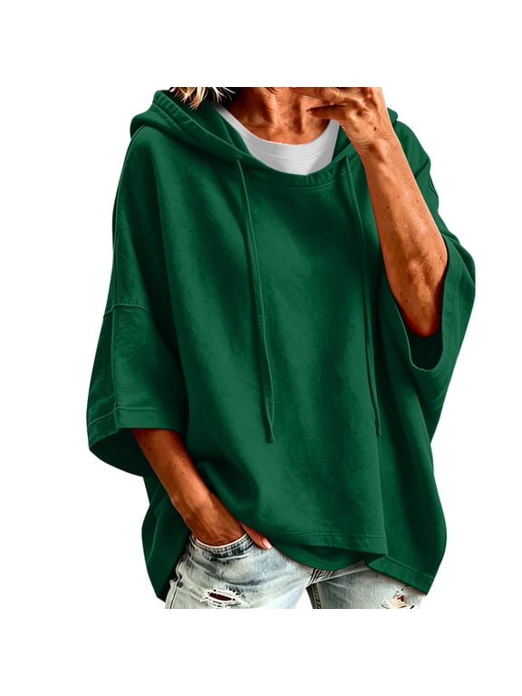 Womens Oversized Hooded Sweatshirt Casual 3/4 Batwing Sleeve Pullover Sweater Fall Winter Tops Green L Fashion