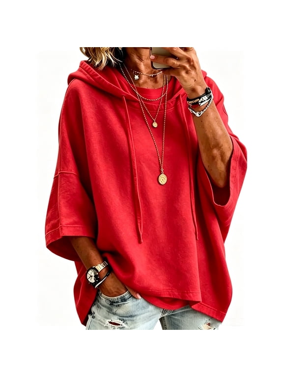 Womens Oversized Hooded Sweatshirt Casual 3/4 Batwing Sleeve Pullover Sweater Fall Winter Tops Red XL Fashion