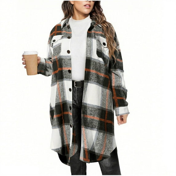 Atogsazn Womens Oversized Plaid Shirt Button Up Flannel Shacket Jacket Winter Trench Long Coats Tartan Tops with Pocket 01-Brown L Fashion