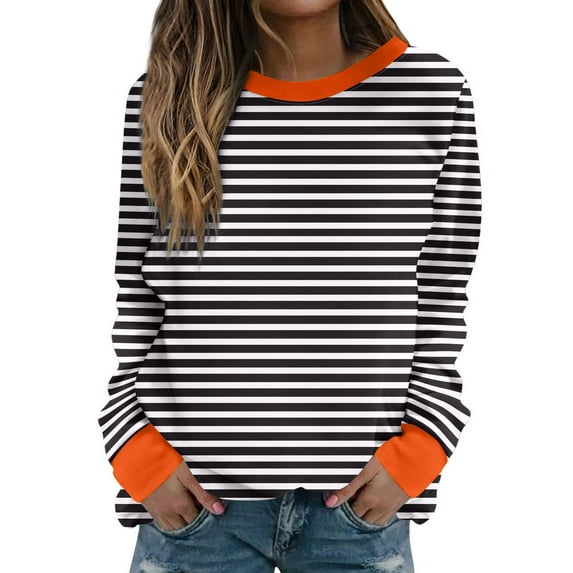 Atogsazn Womens Oversized Striped Sweatshirt Casual Color Block Crew Neck Long Sleeve Blouses Loose Pullover Top Fashion 03-Black XL