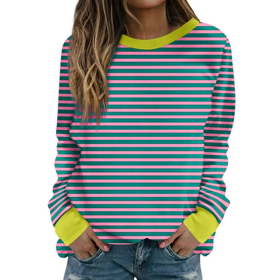 Atogsazn Womens Oversized Striped Sweatshirt Casual Color Block Crew Neck Long Sleeve Blouses Loose Pullover Top Fashion 04-Pink XXXL