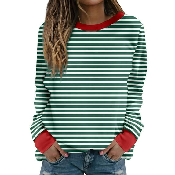 Atogsazn Womens Oversized Striped Sweatshirt Casual Color Block Crew Neck Long Sleeve Blouses Loose Pullover Top Fashion 05-Red L