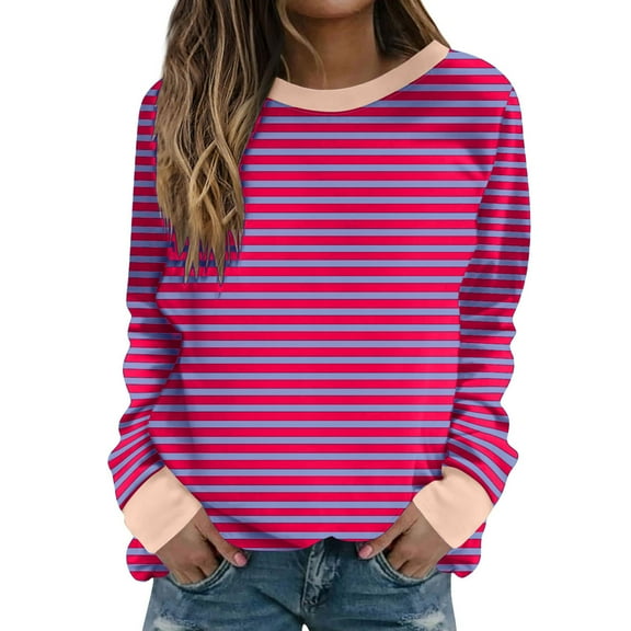 Atogsazn Womens Oversized Striped Sweatshirt Casual Color Block Crew Neck Long Sleeve Blouses Loose Pullover Top Fashion 06-Hot Pink M