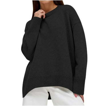 Atogsazn Womens Oversized Sweater Casual Knitted Pullover Crewneck Long Sleeve Sweaters Winter Tops Clothing Black OneSize on Clearance