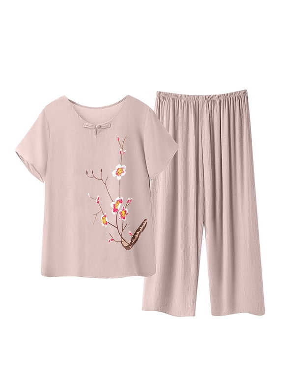 Womens Pajama Sets Soft Short Sleeve Tops and Capri Pants Loungewear Sleepwear Pajamas 2 Piece Pj Set Khaki B XL