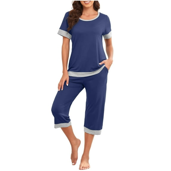 Atogsazn Womens Pajamas Sets Soft Short Sleeve Top Capri Pants 2 Piece Pj Set Sleepwear Casual Lounge Sets with Pockets B-Blue S