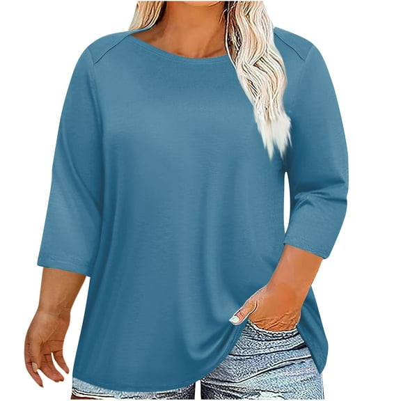 Atogsazn Womens Plus Size 3/4 Length Sleeve Tops Crew Neck Loose Tee Tunic Blouse Fashion Clothes Top 01-Blue XXXL