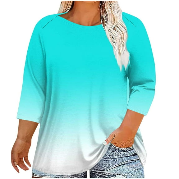Atogsazn Womens Plus Size 3/4 Length Sleeve Tops Crew Neck Loose Tee Tunic Blouse Fashion Clothes Top 02-Blue XXXL