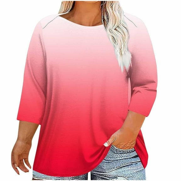 Atogsazn Womens Plus Size 3/4 Length Sleeve Tops Crew Neck Loose Tee Tunic Blouse Fashion Clothes Top 02-Red XXL