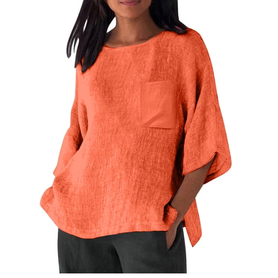 Atogsazn Womens Plus Size Blouses Tops Solid Color 3/4 Sleeve Round Neck Oversized Pocket Summer Top Linen Shirts for Women Orange S on Clearance