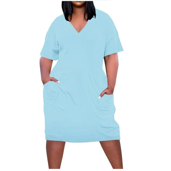 Atogsazn Womens Plus Size Summer Dresses V Neck Short Sleeve Casual Dress Solid Color Midi Dresses with Pockets Light Blue XXXXL on Clearance
