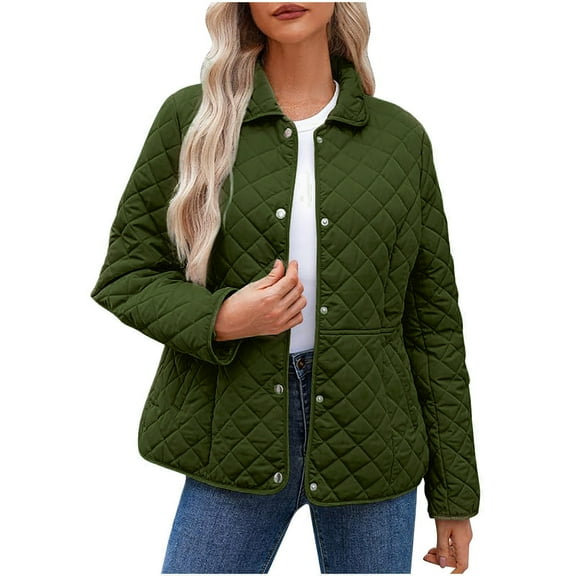 Atogsazn Womens Puffer Jacket Casual Button Down Long Sleeve Coat Lightweight Winter Warm Tops Outerwear Outfit Army Green S Fashion
