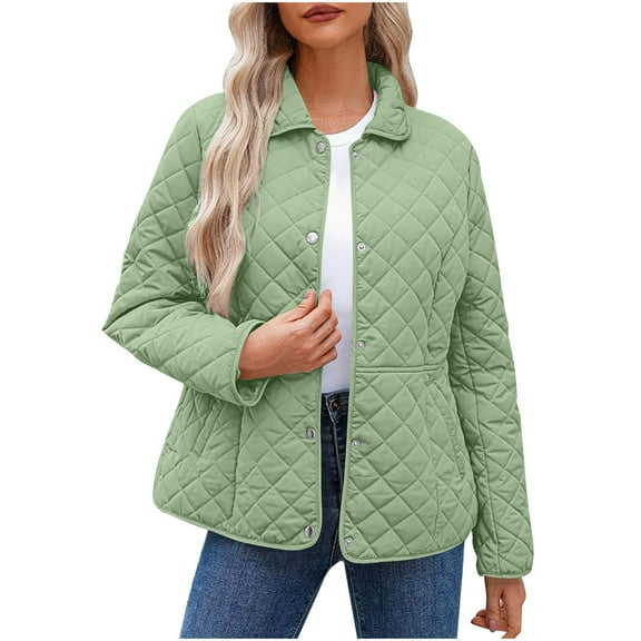 Atogsazn Womens Puffer Jacket Casual Button Down Long Sleeve Coat Lightweight Winter Warm Tops Outerwear Outfit Mint Green XXL Fashion