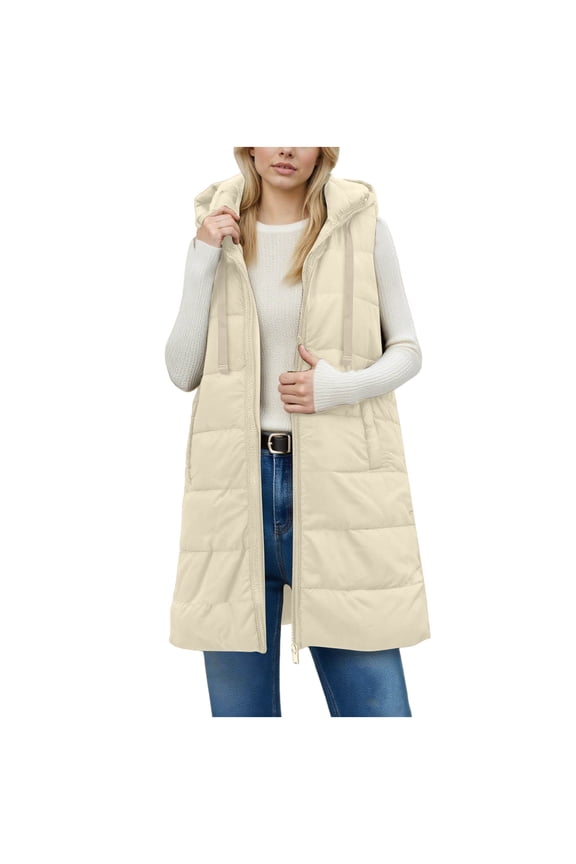 Womens Puffer Tank Tops Casual Zip Up Sleeveless Vest Hooded Jacket Thick Warm Winter Coat Tops Beige L Fashion